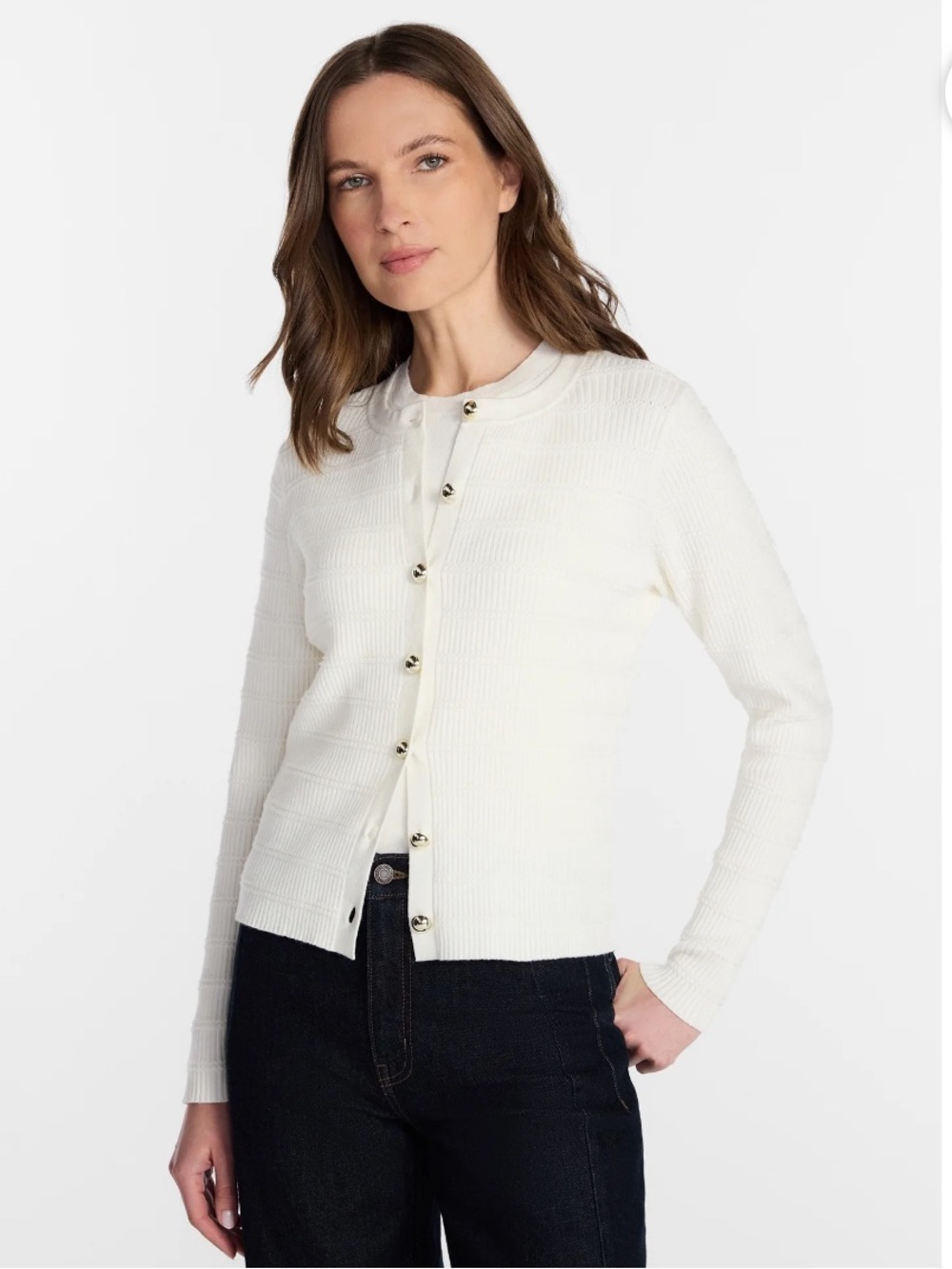 Time and Tru Women's Cream Button-Front Ribbed Cardigan